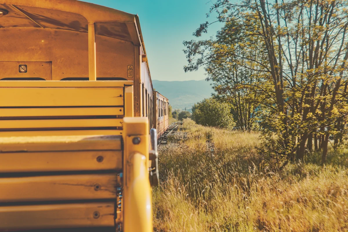 Le train jaune : Photographie d'art du Train Jaune en mouvement vers la droite dans les Pyrénées catalanes, effet de symétrie horizontale et style cinématographique éclatant.