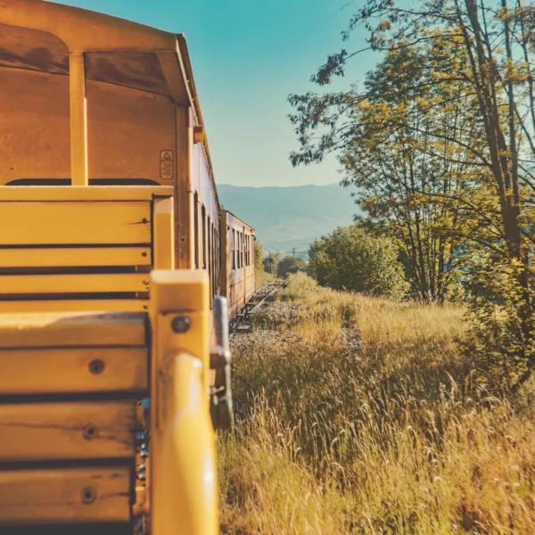 Le train jaune : Photographie d'art du Train Jaune en mouvement vers la droite dans les Pyrénées catalanes, effet de symétrie horizontale et style cinématographique éclatant.